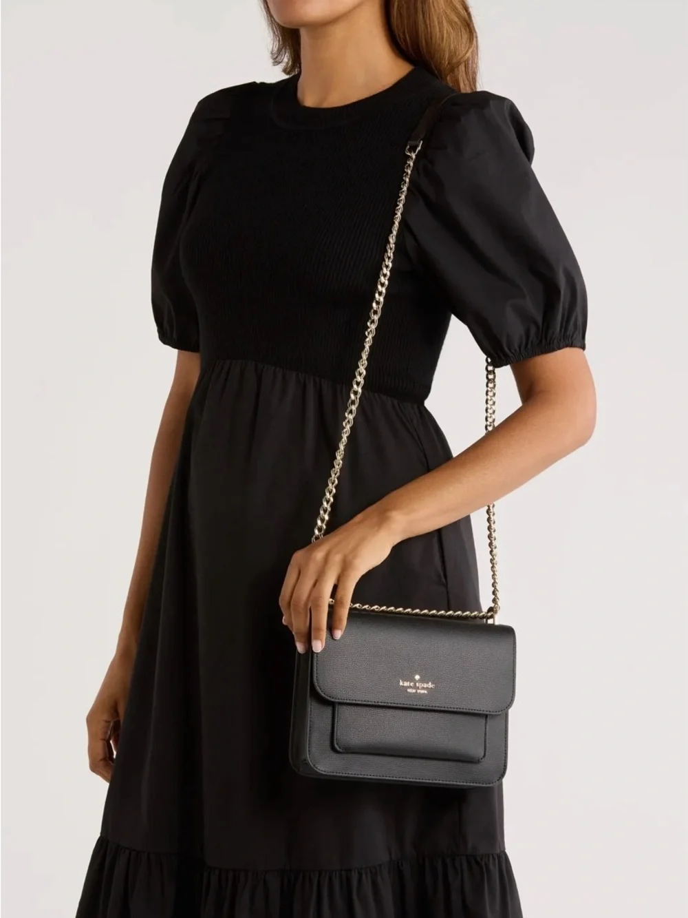 kate spade Black Leather Crossbody with Gold Chain Strap